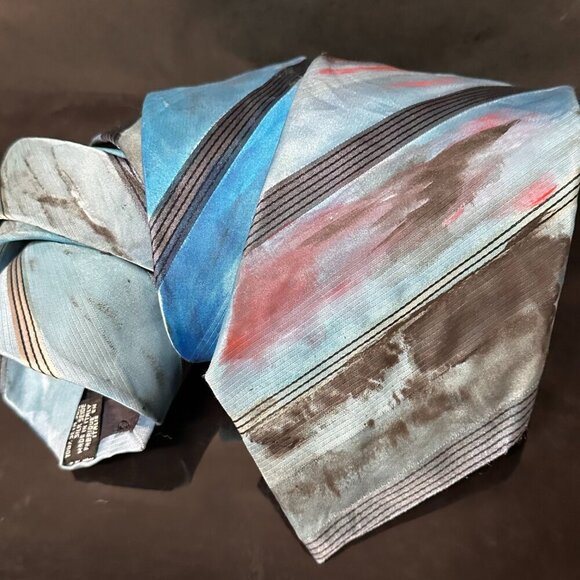 Giorgio Armani Silk Tie Mens Necktie Hand painted Abstract Art Striped Blue Red - Picture 4 of 6